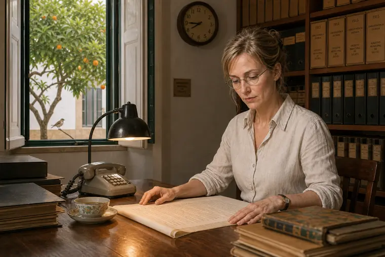Henrike liest am Schreibtisch des Stadtarchivs, Tee dampft, die Wanduhr tickt.