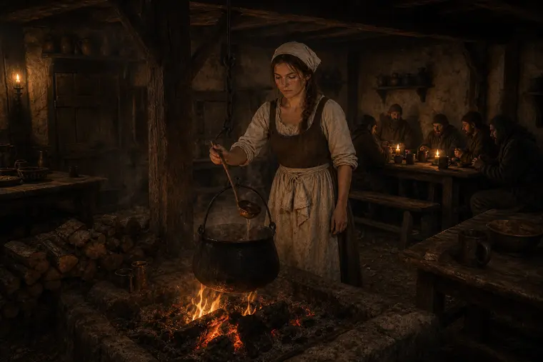 Marguerite rührt den Eintopf am Herd, warmes Feuerlicht in der Gaststube.